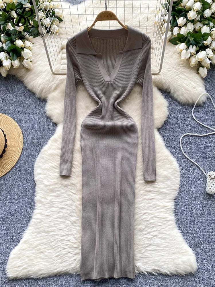 SINGREINY French Vintage Sweater Dress 2024 Ladies Lapel Long Sleeves Autumn Fashion Solid Basics Bodycon Knitted Long Dress - Seprincess