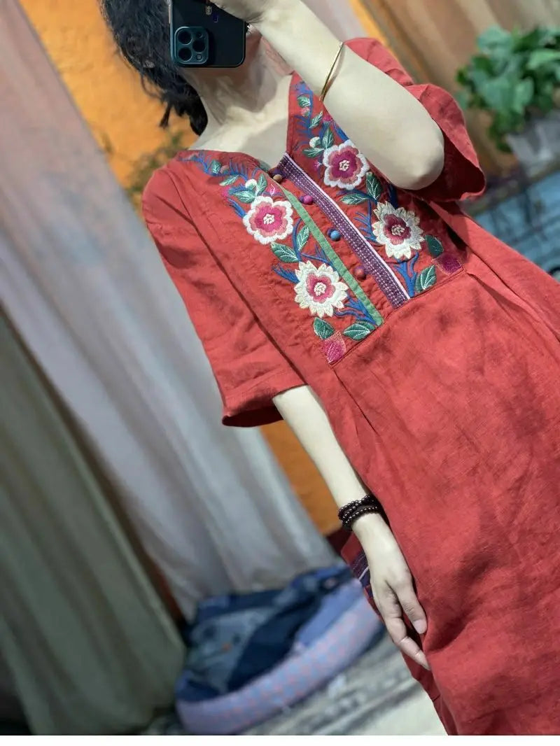 2023 Chinese national style linen embroidery v-neck button up skirt loose vintage dress women loose dress cheongsam dress pd - Seprincess