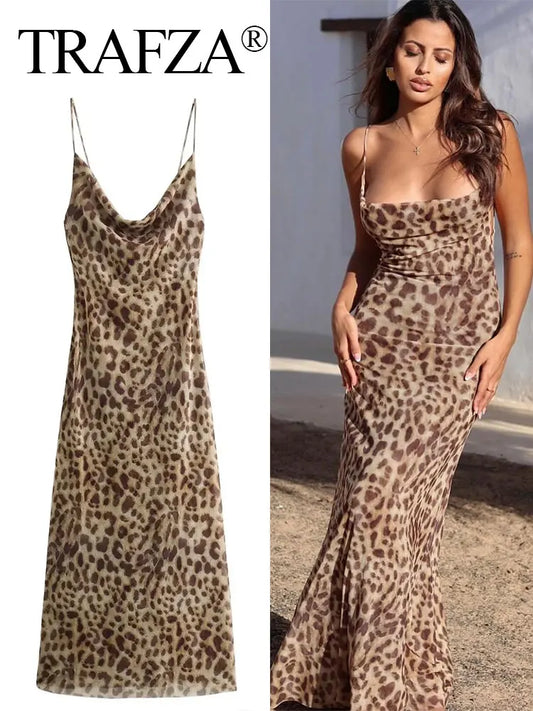 TRAFZA 2024 Summer New Woman Dress Leopard Print Sleeveless Vintage Slim Long Dresses Sexy Backless Female Spaghetti Strap Dress - Seprincess