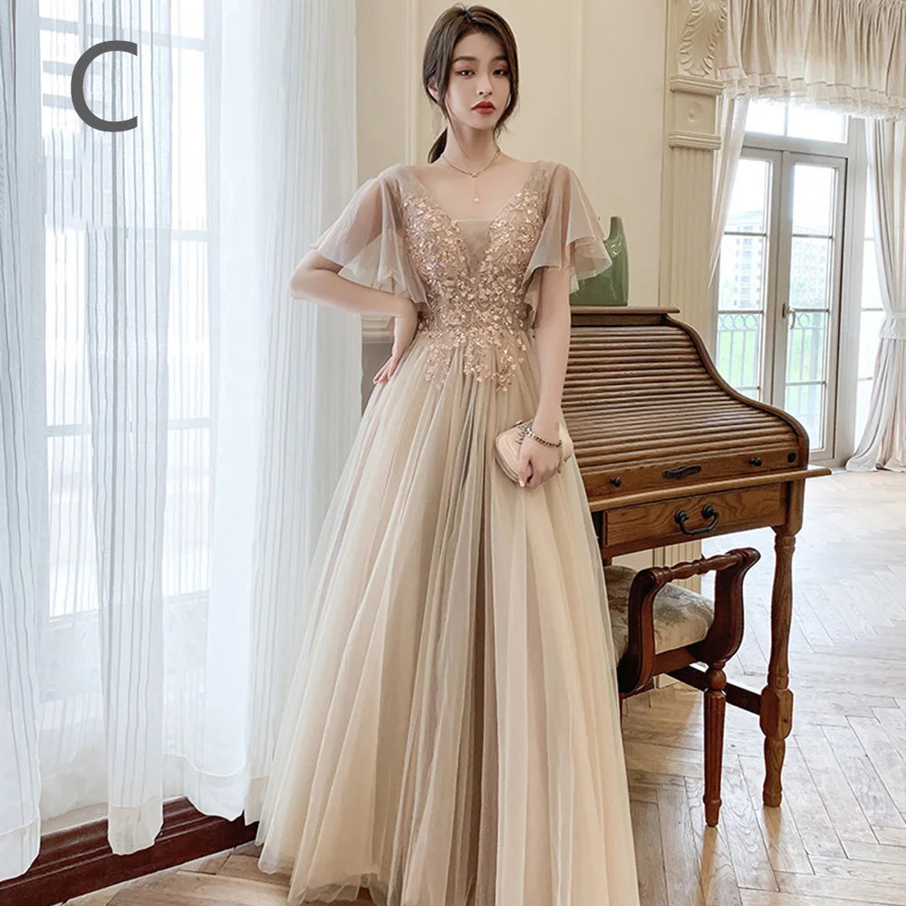 4 styles Champagne Pink Bridesmaid Dress Women's Elegant Off Shoulder Ruffles Sleeves Gown Sequins Flower Applique Vestido - Seprincess