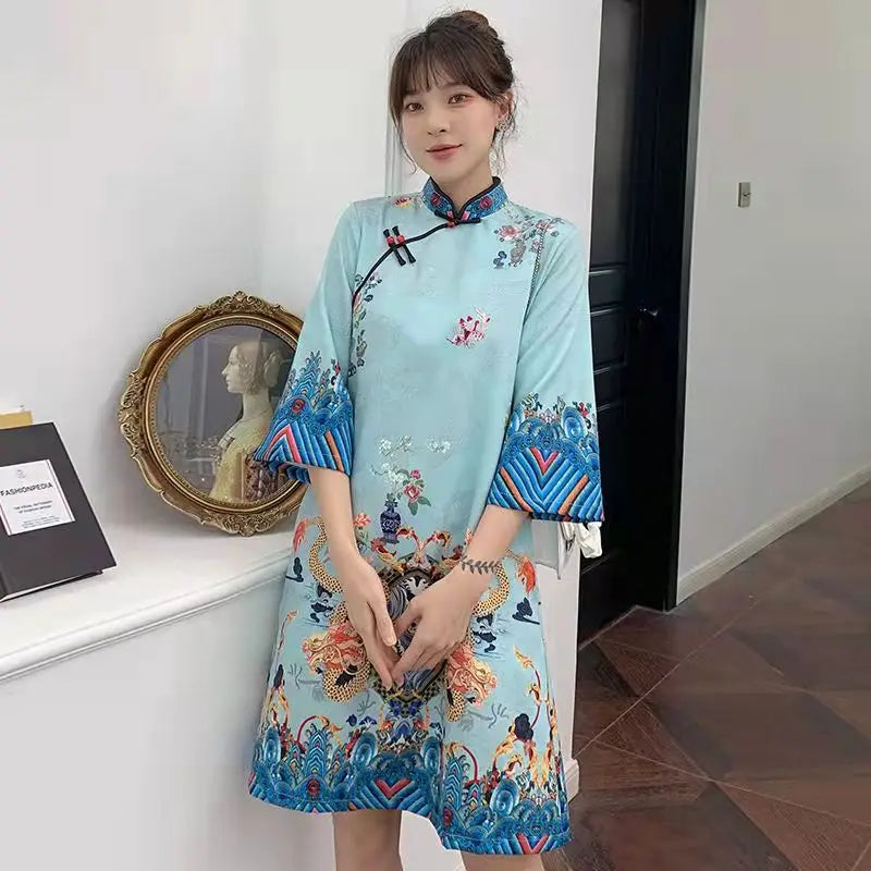 Red Blue Loose 2024 New Fashion Modern Chinese Cheongsam A-line Dress Women 3/4 Sleeve Qipao Traditional Chinese Clothes - Seprincess