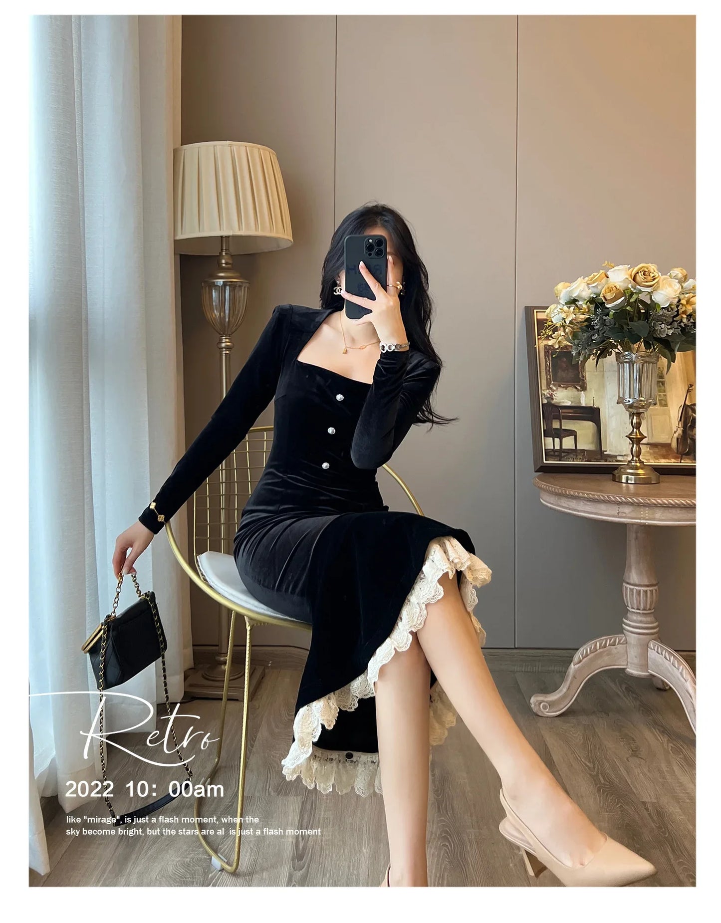 Elegant French Haban Style Fish Tail Skirt Spring Autumn Soft High Class Square Collar Long Sleeve Black Velvet Long Dress - Seprincess