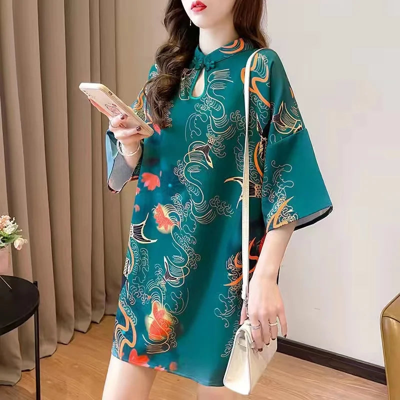 Chinese Fashion Print Dress Women Summer Long Sleeve National Style Cheongsam 2022 Modern Improve Vintage Elegant Loose Qipao - Seprincess