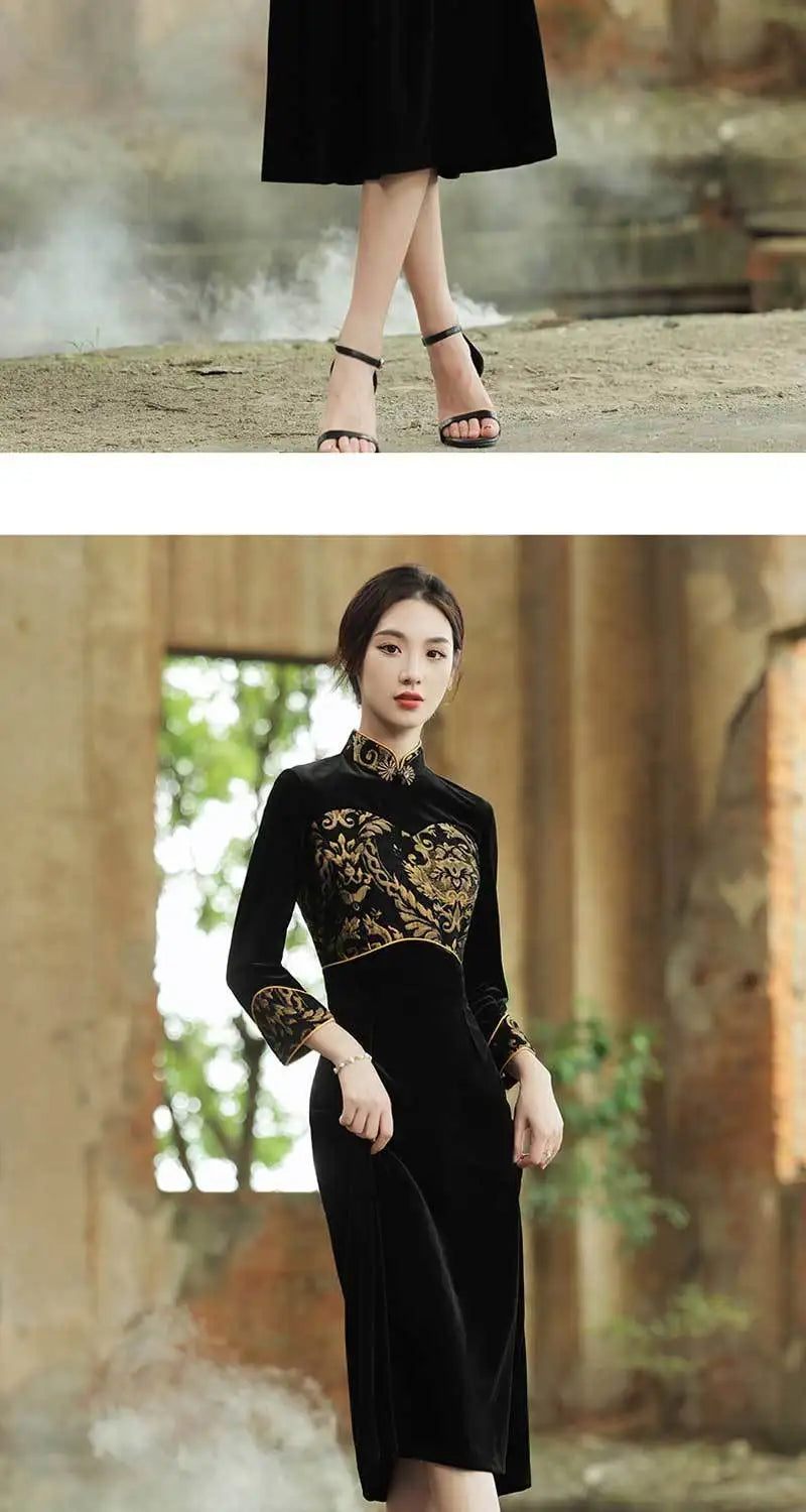 Women Qipao 2023 New Autumn Golden Velvet Long Cheongsam Sleeved High End Elegant Retro Style Cheongsam Long Sleeve Qipao Dress - Seprincess