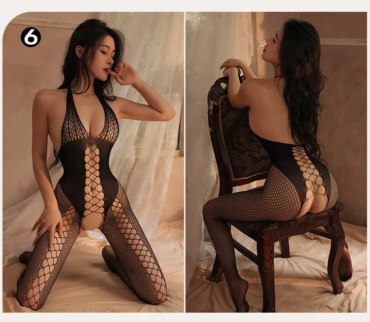 Women Sexy Crotchless Erotic Lingerie Porn Fishnet Mesh Bodysuit Female Stretch Open Crotch Porn Teddy Hollow Out Bodystockings