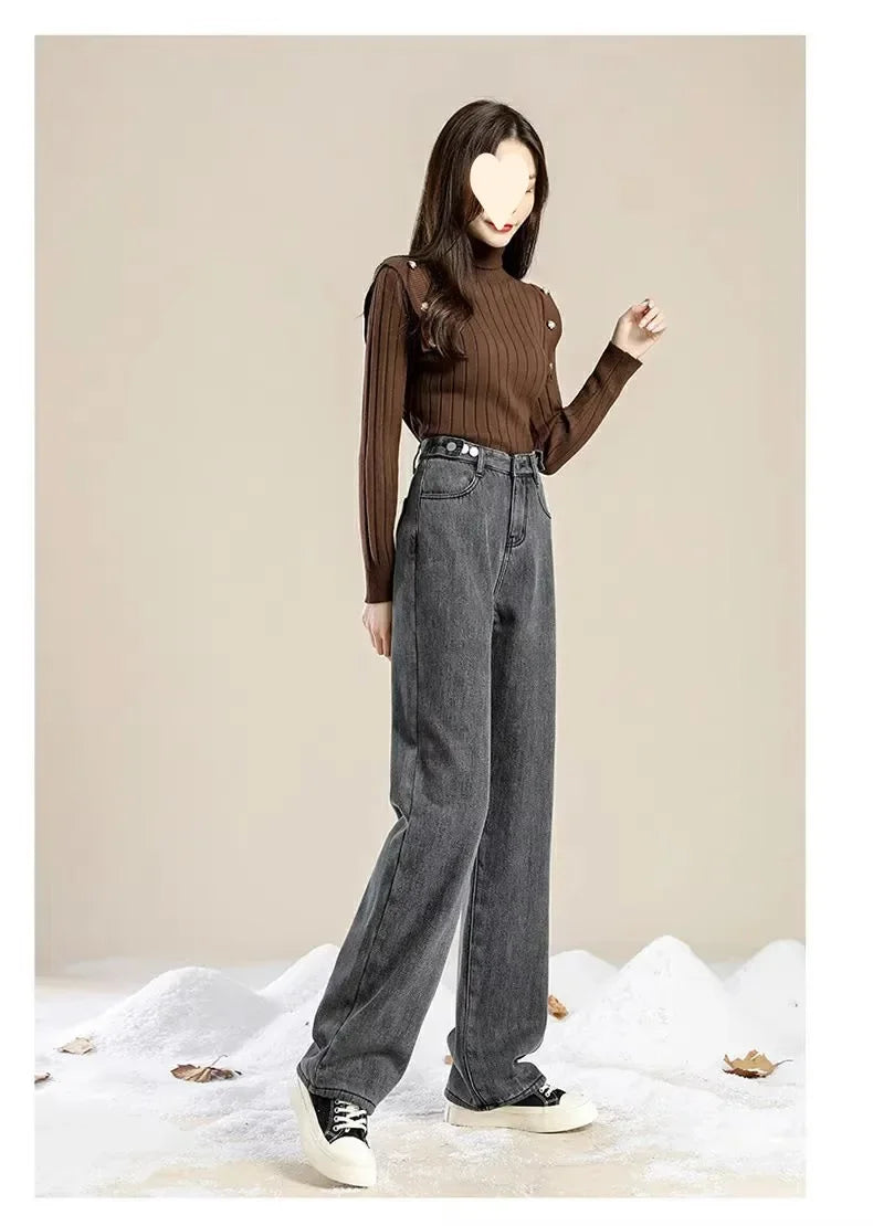 Thickened Fleece-Lined Warm Straight-Leg Jeans Design Adjustable High-Waisted Slimming Bell Bottoms Winter New Arrival