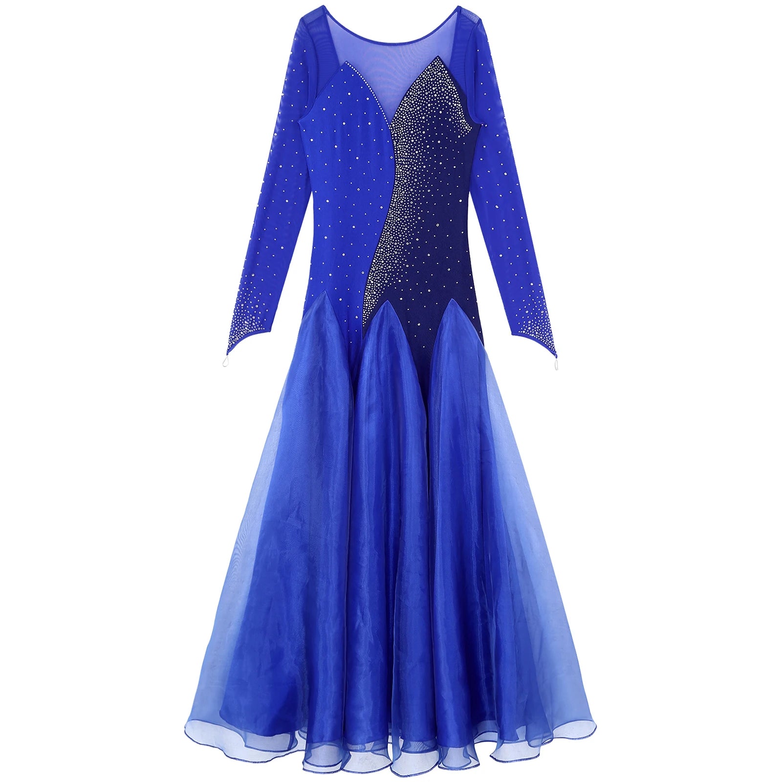 Womens Sheer Mesh Ballroom Dance Dresses Long Sleeve Shiny Rhinestones Dress for Lyrical Waltz Cha-Cha Performance Competition - Seprincess