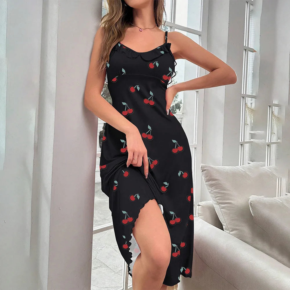 Cross-border foreign trade cherry print medium and long dress, nightdress, sexy and comfortable loungewear women - Seprincess