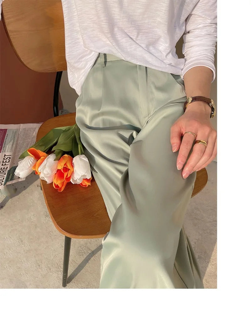 Summer Silk Satin Wide Leg Pants Thin Women Spring Office Straight Suit Trousers Classic Baggy Elegant High Waist Straight Pants