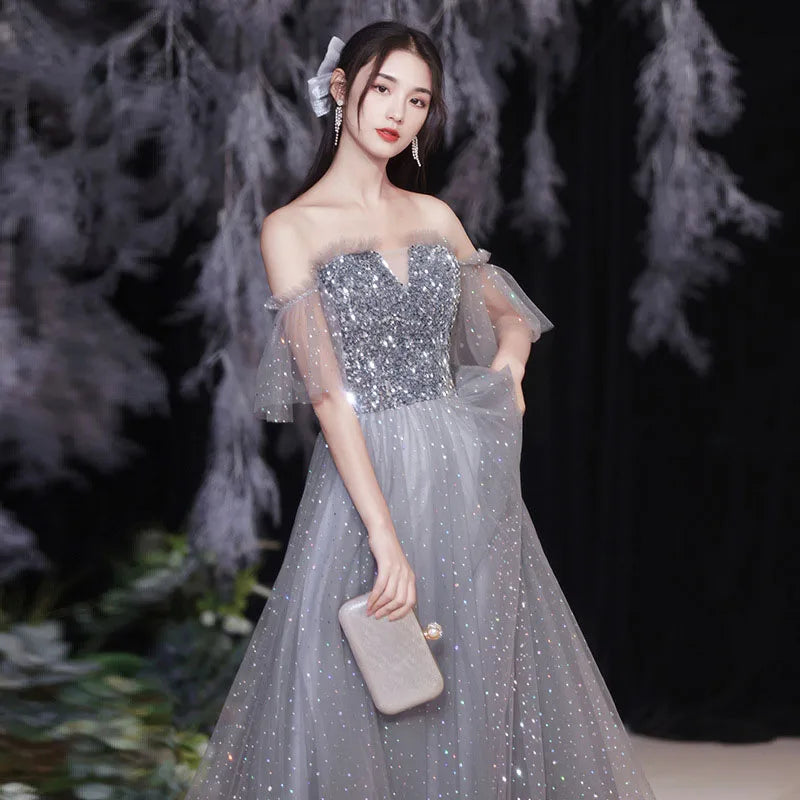 Grey Bridesmaid Evening Dress Women Off Shoulder Sequins Wedding Party Vestidos Fairy Temperament Sisters Group Gown Summer - Seprincess