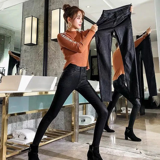 Add Velvet/No Velvet Black Faux PU Leather Pants Women's High Waist Stretch Leggings Autumn Winter Casual Skinny Pencil Trousers