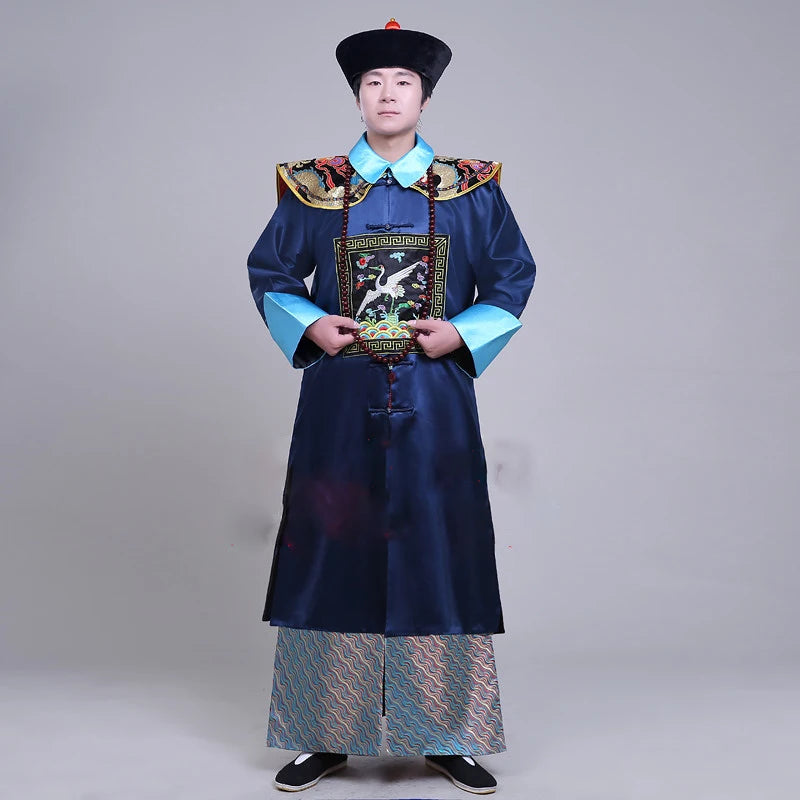 Ancient Black Military Official Civil Official Uniform Qing Dynasty Ancient Clothes Men's Cheongsam Sent Hat Buddha Beads Shawl - Seprincess