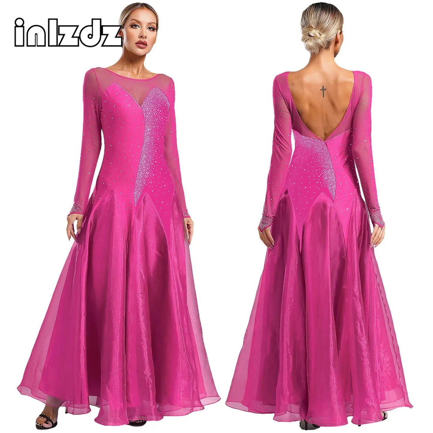 Womens Sheer Mesh Ballroom Dance Dresses Long Sleeve Shiny Rhinestones Dress for Lyrical Waltz Cha-Cha Performance Competition - Seprincess