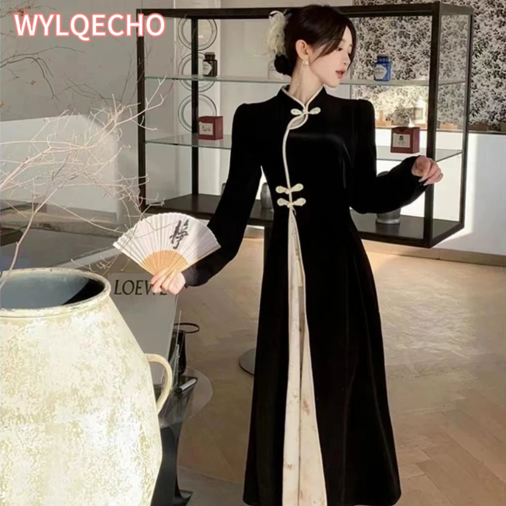 Modern Qipao Improved Cheongsam Chinese Dress Traditional Women's Clothing Autumn Winter Dark Patterned Jacquard Long Sleeve - Seprincess