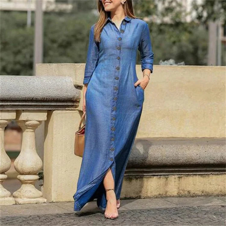 2023 Autumn Elegant Women's Denim Dress Long Sleeve Buttons Shirt Long Dress Female Fashion New Elegant Casual Ladies Clothes - Seprincess