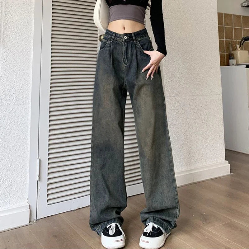 2024 Woman High Waist Vintage Baggy Jeans Lady Streetwear Wide Leg Pants Female Fashion Gray Blue Grey Light Blue Denim Trousers