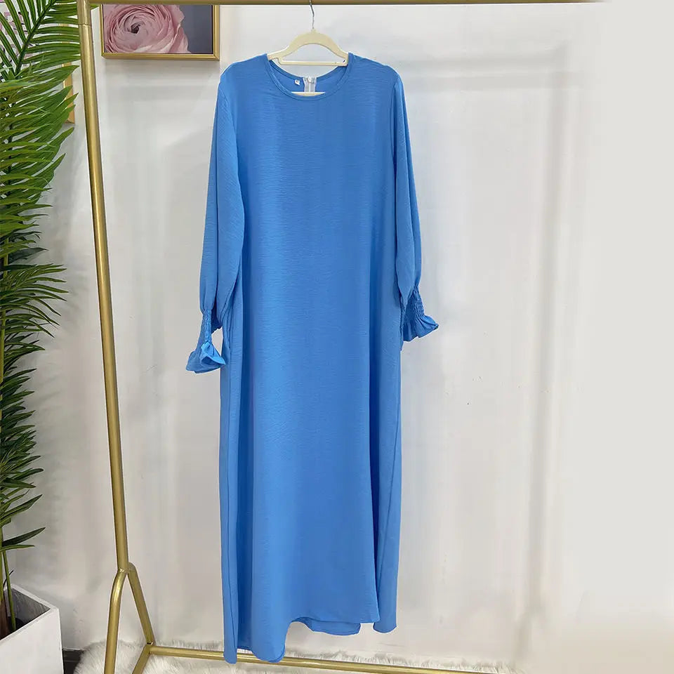 Under Abaya Inner Long Slip Dress Solid Color Smocked Cuffs Islamic Clothing Muslim Woman Casual Dubai Turk Modest Hijabi Robe - Seprincess