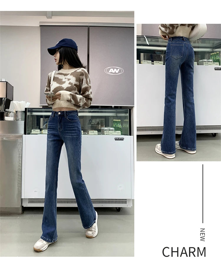 Winter Warm Women's Jeans Fashion Slim Thicken Fleece Flared Pants High Waist Elastic Skinny Velvet Plus Length Female Jeans