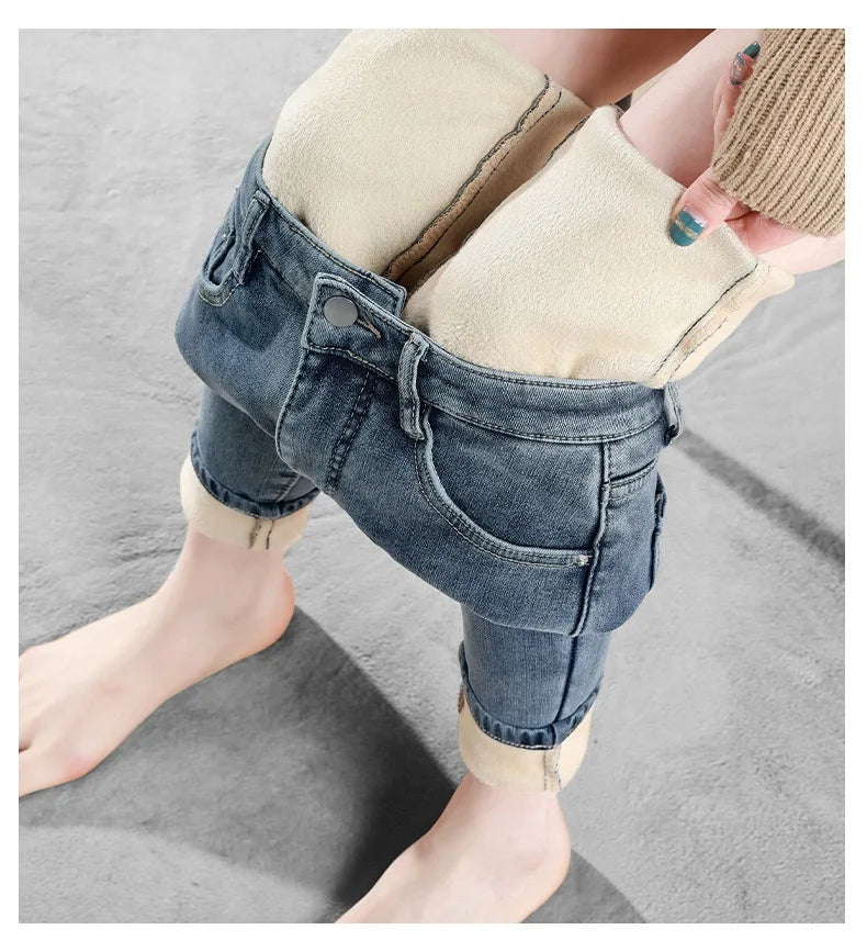 Thickened High-Waisted Fleece-Lined Jeans Women's Slimming Tightening Pants Winter New Elastic Pants Slimming Thickened