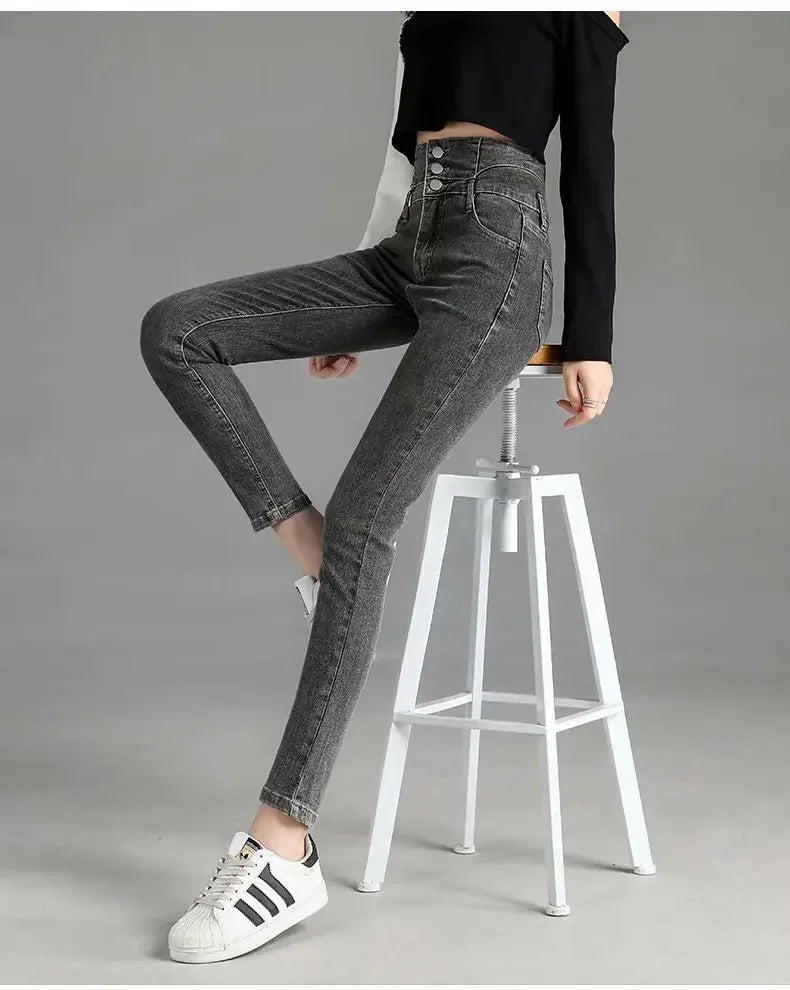 Thickened High-waisted Fleece-lined Jeans Women's Black Grey Slimming Winter 2021 New Style Tightening Integrated Velvet Pants