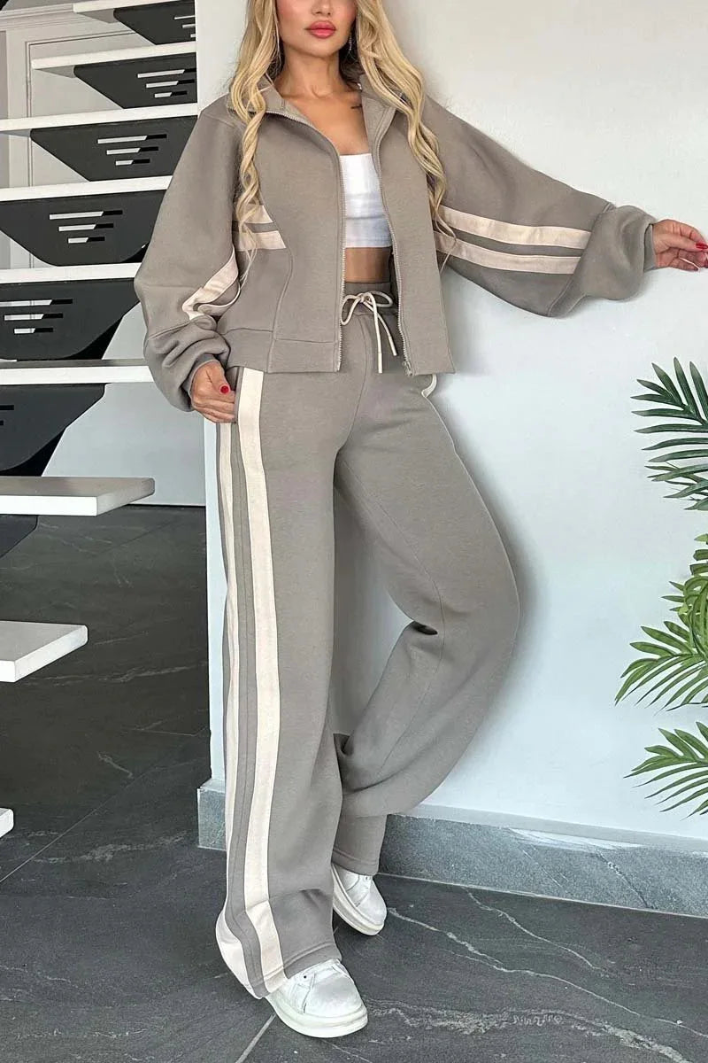 Y2K Striped Zipper Coat+sweatpants Two Piece Set Women Casual Batwing Sleeve Sports Jacket Outfits Autumn Winter Sweatshirt Suit - Seprincess