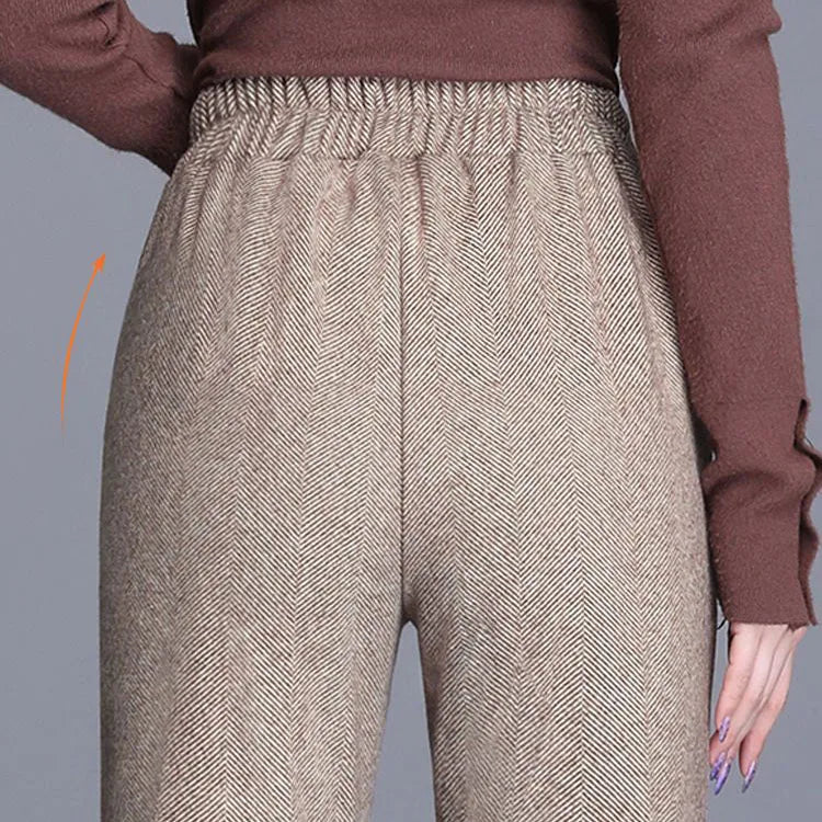 Winter Warm Slim Velvet Lined Flare Pants Women Elastic High Waist Thicken Woolen Wide Leg Pantalones Casual Wool Blend Calca