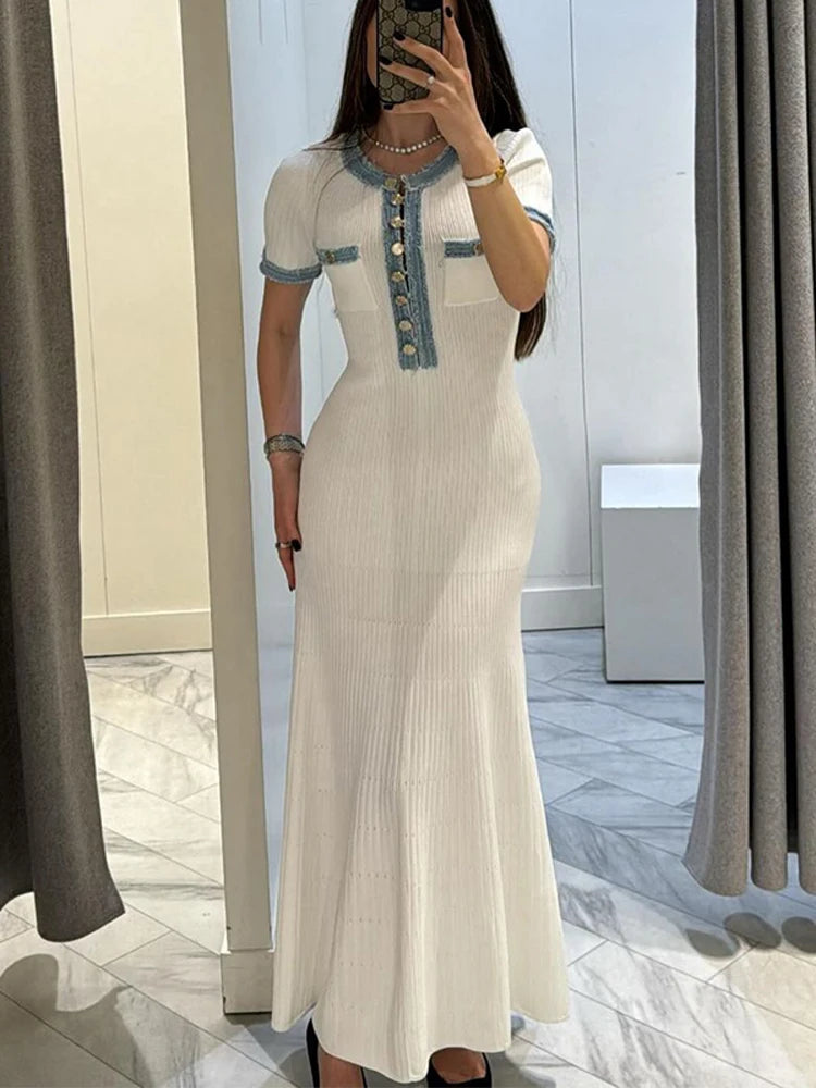 Elegant Contrasting Women Knit Maxi Dress Chic O-neck Short Sleeve Metal Buttons Bodycon Dresses 2024 Office Lady Commuting Robe - Seprincess