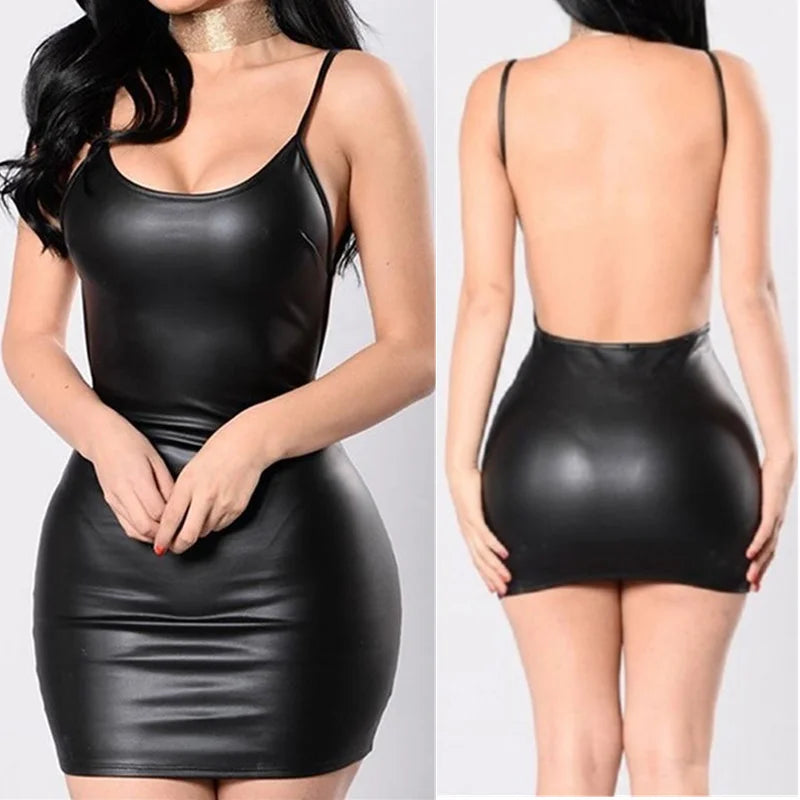 Sexy Faux Leather Dress Backless Club Party Short Dress Solid Black Wet Look Latex Bodycon Push Up Bra Mini Micro Dress - Seprincess