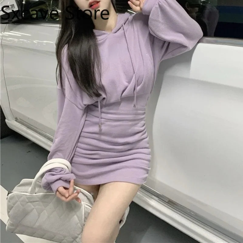 High Waist Hoodies Dress Women Casual Long Sleeve Sexy Y2k Mini Dress 2024 Autumn Design One Piece Dress Korean Kawaii Clothing - Seprincess