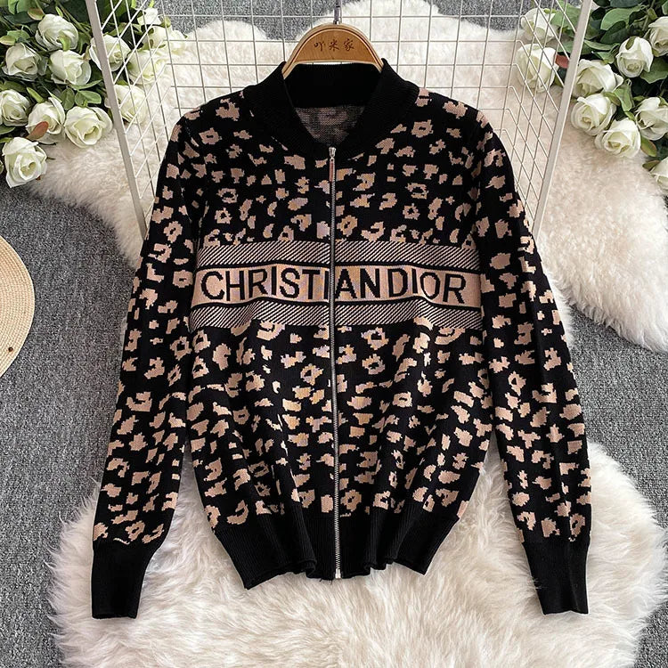 Chic Fashion Korean 2PC Suits Ladies O-Neck leopard-print Knitting Cardigan+High Waist Wide Legs Pants Basic Casual Sets - Seprincess