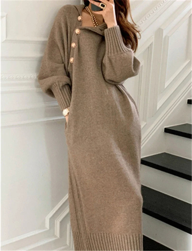 Winter Turtleneck Buttons Women Knitted Dress Elegant Full Sleeve Lace-up Female Thicken Long Dress for Sweater Autumn New - Seprincess