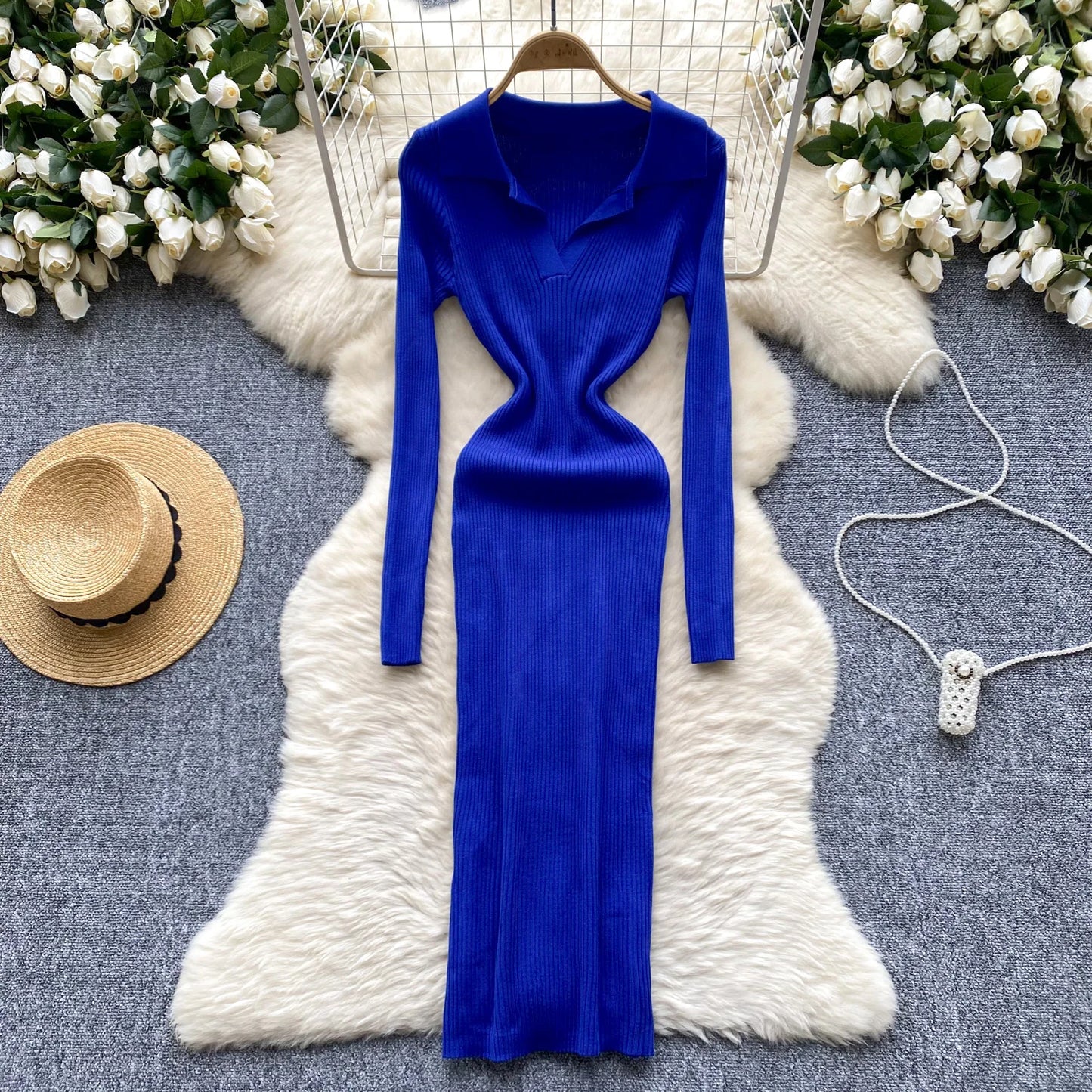 SINGREINY French Vintage Sweater Dress 2024 Ladies Lapel Long Sleeves Autumn Fashion Solid Basics Bodycon Knitted Long Dress - Seprincess