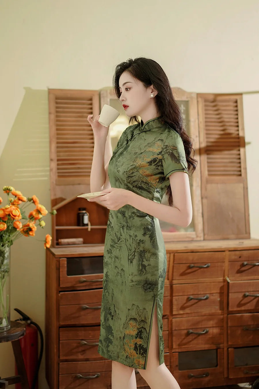 Chinese Style Dresses Women Green Print Cheongsams Elegant Chinese Traditional Dress Satin Vestido Chino Oversize 3Xl4Xl Qipao - Seprincess