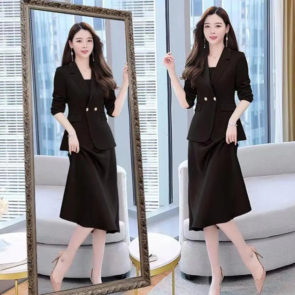 2Pcs Women Outfit Commute Trendy Office Lady Dress Coat Set Elegant Sling Style Coat Long Dress Suit Lady Business Skirt Suit - Seprincess