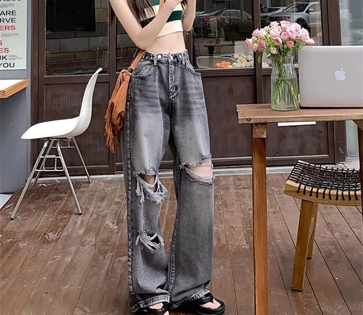 Spring/Summer Sweet Cool Set for Female Students Korean Fashion T-shirt+Personalized Ripped Jeans Two-piece Set - Seprincess