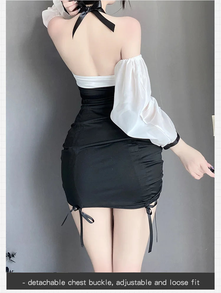 Sexy Female Secretary Chest Wrapping Drawstring Perspective Gauze Black White Splicing Puff Sleeve Bag Buttocks Dress Elegant NT - Seprincess