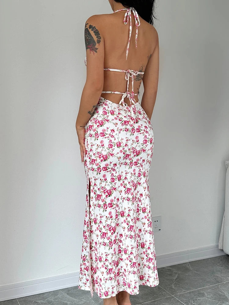 Dulzura Lace Up Halter Floral Long Dress For Women Backless Bodycon Midi Dress Sexy Party Club Outfit Streetwear Sundress Summer