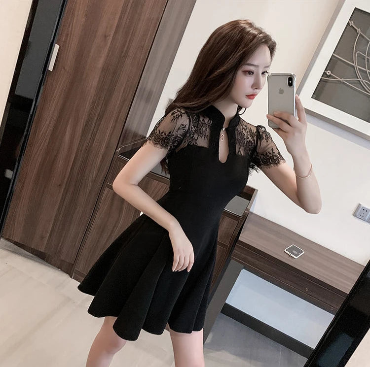 Women's Summer Lace Dress Tulle Cheongsam Dresses for Women 2023 Black Party Prom New Silk Transparent Korean Fashion Vintage - Seprincess