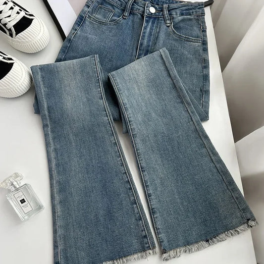 Summer New Fringe Jeans Women's Student High-waisted Elastic Slimming Bootcut Pants Vintage Thin Bell-bottom Pantsins