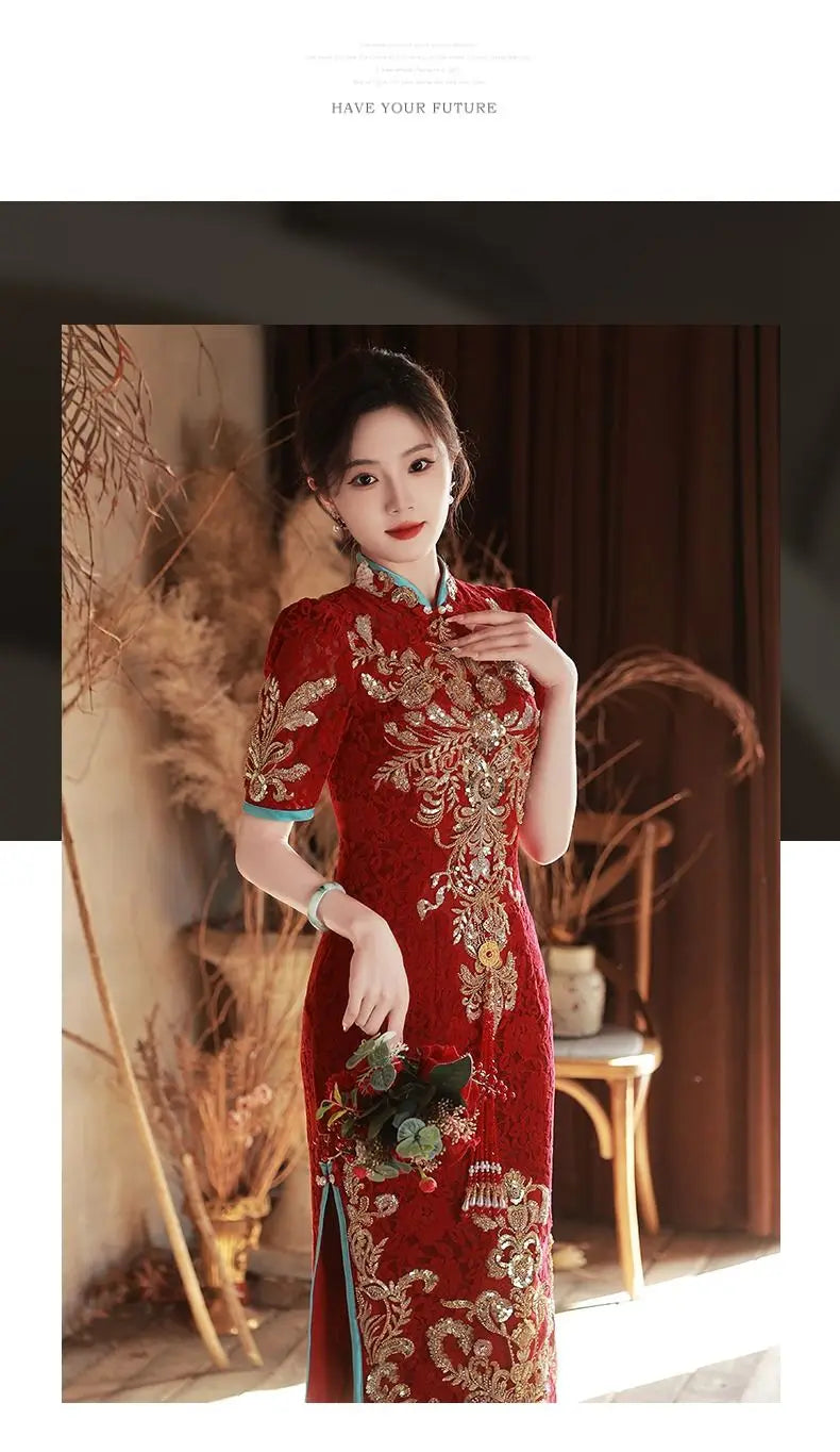 Toast Bride Wedding Dress Luxury Sequin Qipao Long Chinese Women Traditional Vintage Cheongsam Dresses Evening Gown China - Seprincess