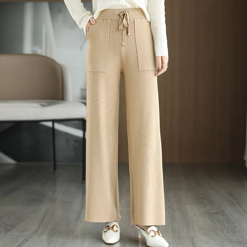 Women's Merino Wool Knitted Pants Office Lady Simple High Waist Straights Trousers Cashmere Wool Autumn Winter Thick Knitwear