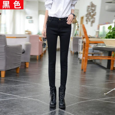 Korean Fashion Velvet Stretch Skinny Pant Women Mid Waist Warm Vaqueros Office Fleece Trousers Candy Colors Thick Winter Jeans