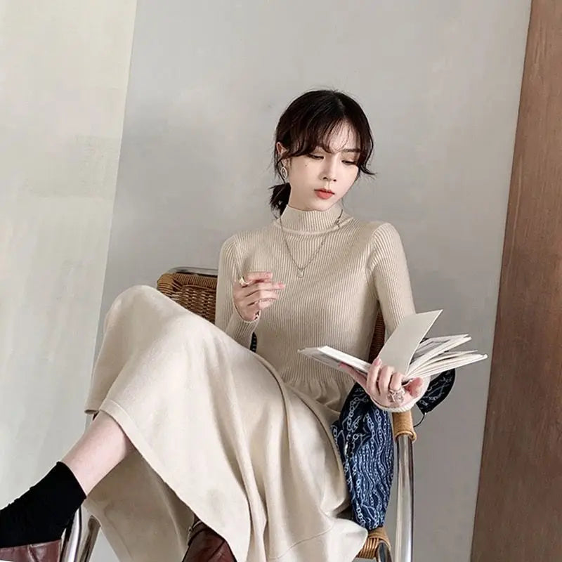 Autumn Winter Fashion Half High Collar Long Sleeve Solid Women's Clothing Waist Retraction Temperament All-match Knitting Dresse - Seprincess