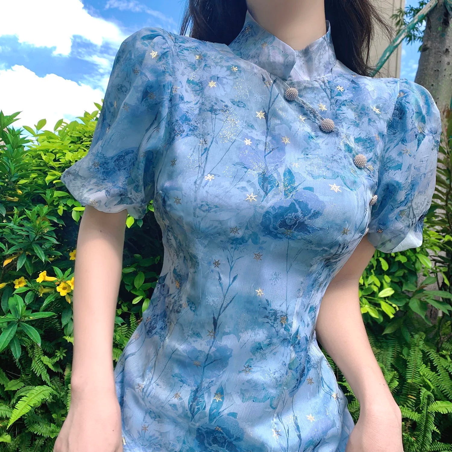 Summer French Short Sleeve Modern Chinese Dress Improvement Cheongsam Girl's Blue Print Fashion Dresses Qipao - Seprincess