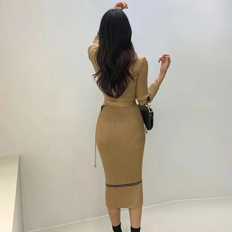 Autumn Winter Women Knitted Dress Brand Fashion O-neck Buttons Bodycon Sweater Dress with Belt Lady Office Dress - Seprincess