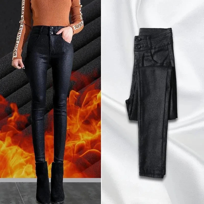 Add Velvet/No Velvet Black Faux PU Leather Pants Women's High Waist Stretch Leggings Autumn Winter Casual Skinny Pencil Trousers