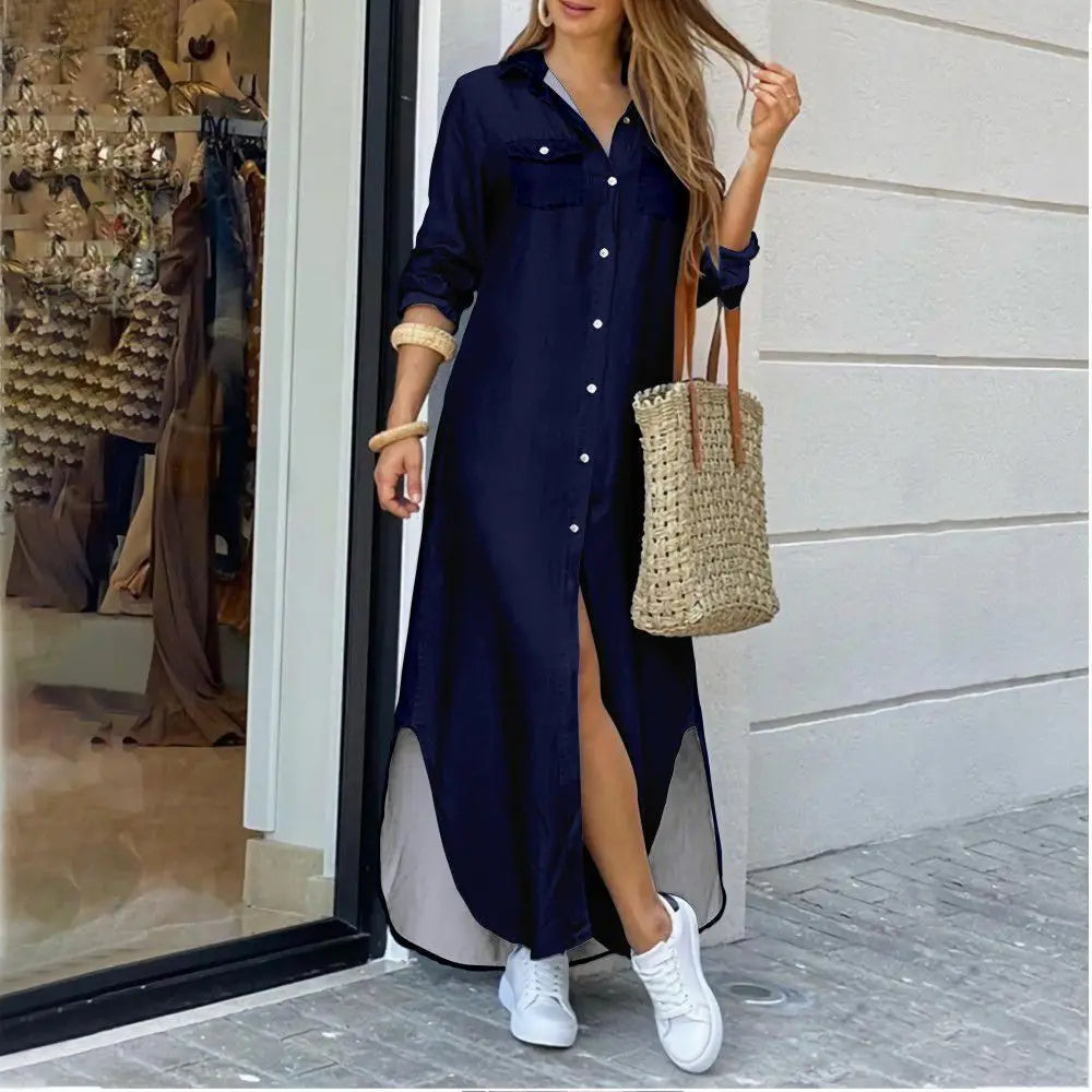 Women Blouse Dress Summer Fashion Female Pocket Button Long Sleeve Long Maxi Party Dresses LRFZ-9386 - Seprincess