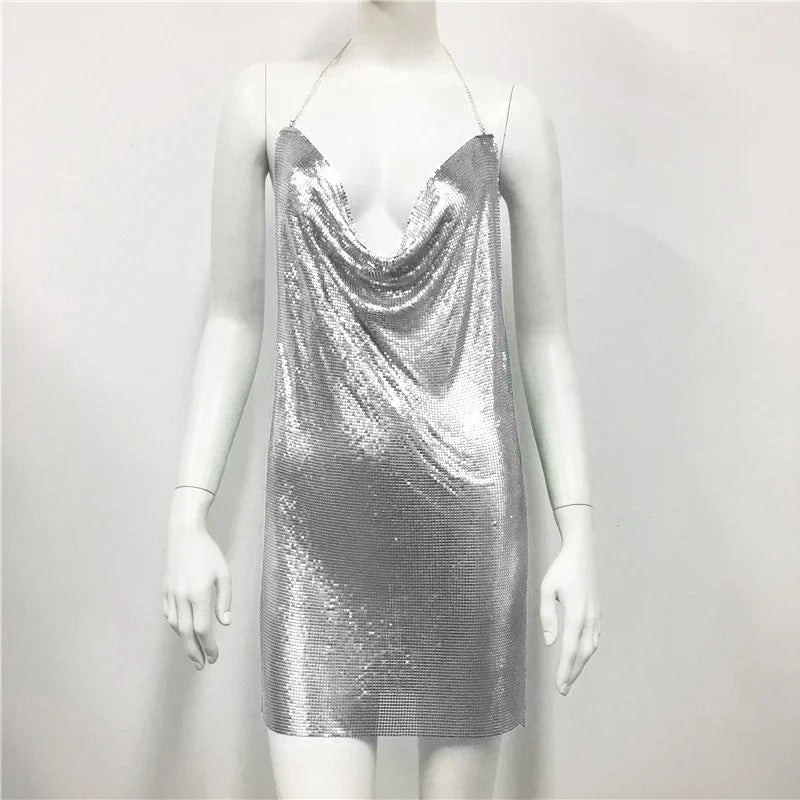 Sexy see through chain sequin summer dress women backless birthday party dress night club outfits evening dresses metal vestidos - Seprincess