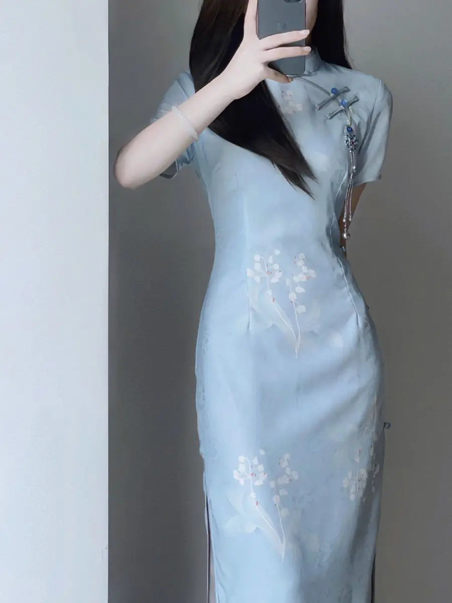 2024 Summer Cheongsam Improved Elegant Qipao Daily Slim Fit Blue Gentle Comfortable Qipao Long Vintage Dress - Seprincess