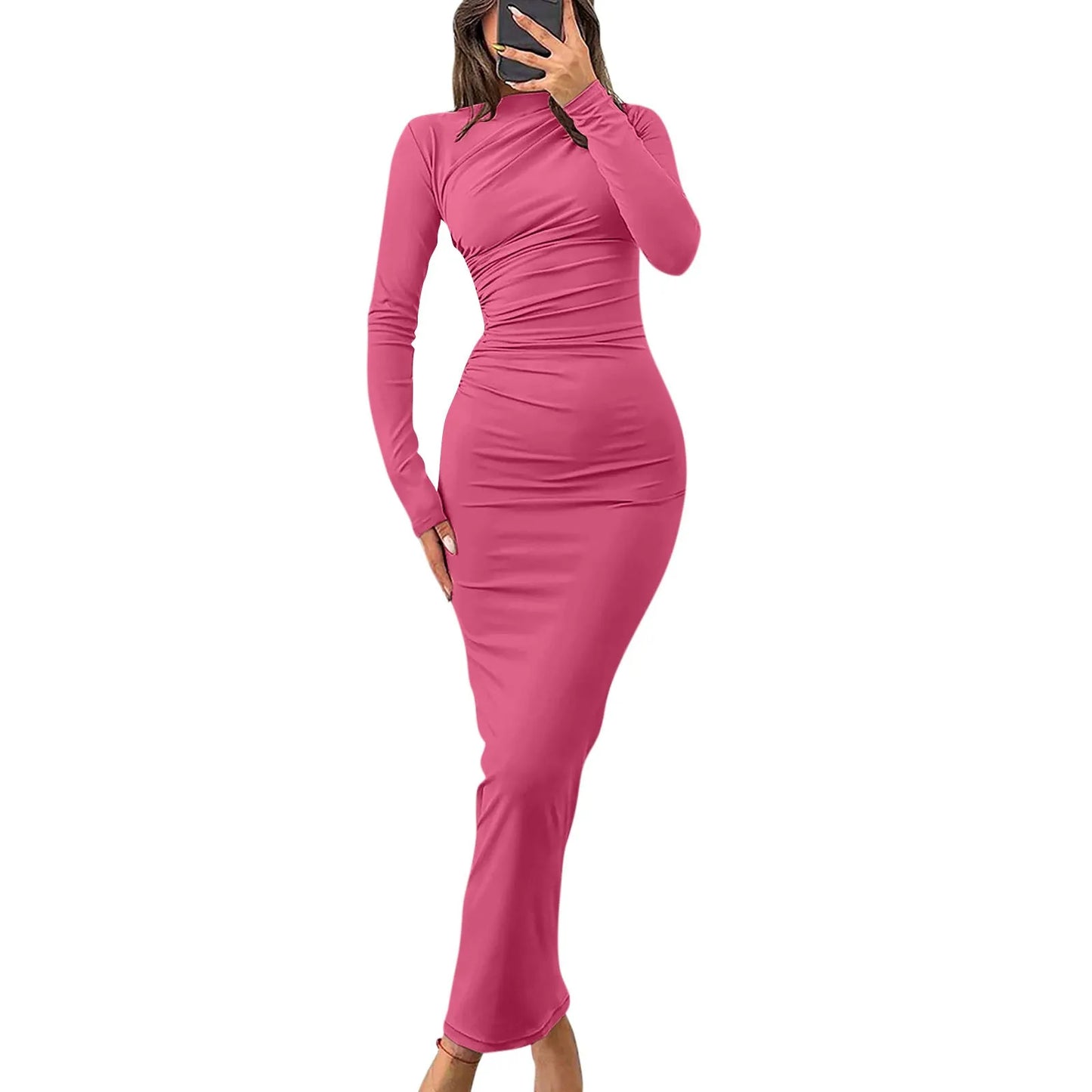 Women Bodycon Maxi Dresses Fall New Long Sleeve Sexy Ruched Neck Slim Fit Cocktail Party Dress Elegant Gentle Temperament Dress - Seprincess